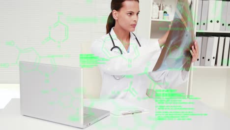 Animation-of-medical-data-processing-over-caucasian-female-doctor-examining-x-ray-report-at-hospital