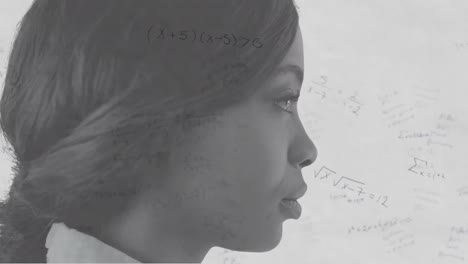 Animation-of-mathematical-equation-over-close-up-of-african-american-woman