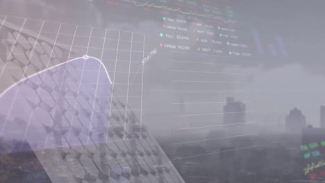 Animation-of-graphs,-trading-board-and-solar-panel-over-modern-cityscape-against-cloudy-sky