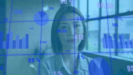 Animation-of-graphs-and-changing-numbers-over-smiling-asian-woman-standing-beside-glass-window