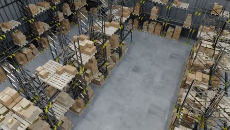 Animation-of-drone-view-of-stacks-of-boxes-in-warehouse