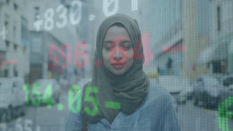 Animation-of-multicolored-trading-board-over-smiling-biracial-woman-wearing-hijab-standing-on-street