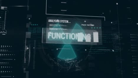 Animation-Von-Texten,-Grafiken-Und-Computersprache-über-Strahlenwarnsymbol-Auf-Schwarzem-Hintergrund