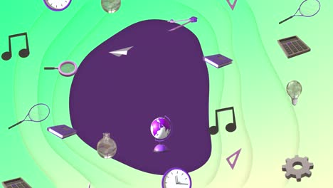 Animation-of-education-and-school-icons-over-green-and-purple-waving-background