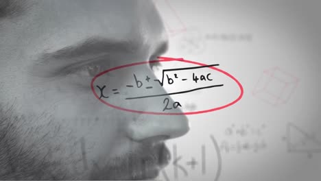 Animation-mathematical-sums,-diagrams,-close-up-of-caucasian-man-standing-against-white-background