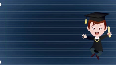 Animation-of-happy-boy-drawing-wearing-mortarboard-and-holding-degree-over-blue-background