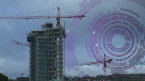 Animation-of-scanning-circles-rotating-over-time-lapse-of-crane-on-building-under-cloudy-sky