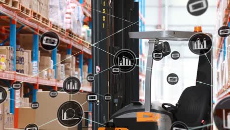 Animation-of-connected-phone-and-graph-icons-over-empty-forklift-amidst-shelves-in-warehouse