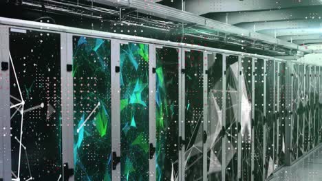 Animation-of-connected-dots-and-globes-on-server-racks-in-server-room