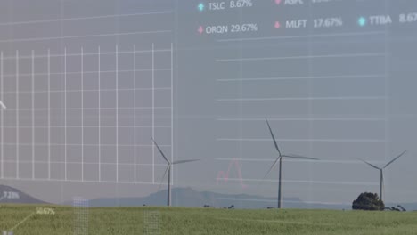 Animation-Der-Statistischen-Datenverarbeitung-An-Der-Börse-über-Sich-Drehenden-Windmühlen-Auf-Grasland