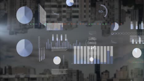 Animation-of-multiple-graphs-and-trading-board-over-modern-cityscapes-against-cloudy-sky