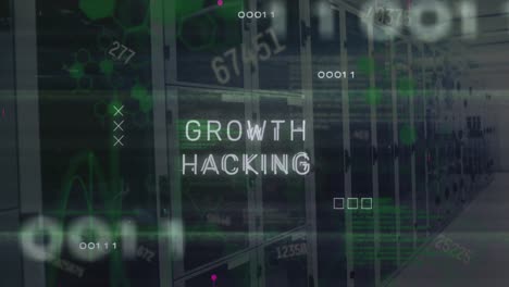 Animation-of-growth-hacking-text,-changing-numbers,-binary-codes,-computer-language-over-server-room