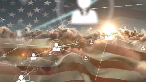 Animation-of-profile-icons-connecting-with-lines-over-flag-of-america-and-clouds