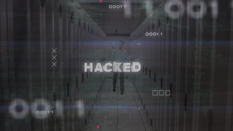 Animation-hacked-text,-computer-language,-caucasian-male-engineer-inspecting-server-room