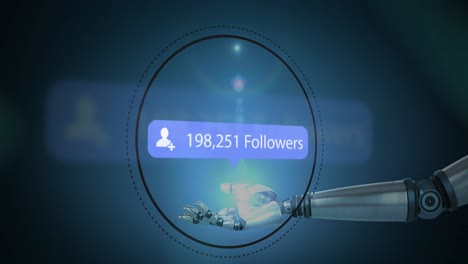 Animation-of-robot-arm-holding-followers-notification-with-person-icon-and-increasing-numbers