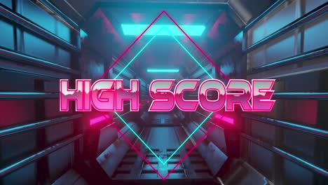 Animation-of-high-score-text-banner-over-abstract-neon-shapes-against-tunnel-in-seamless-pattern
