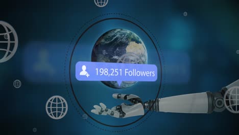Animation-of-robot-arm-holding-globe-with-followers-notification,-person-icon,-increasing-number