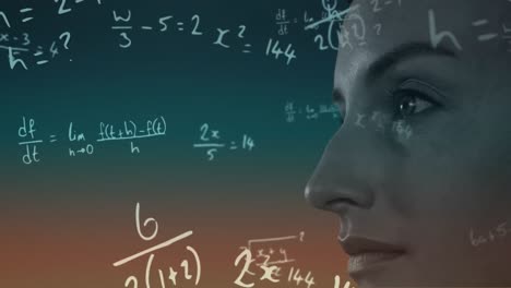 Animation-of-mathematical-equations-over-close-up-of-caucasian-woman-against-gradient-background