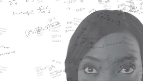 Animation-of-mathematical-equation-over-african-american-woman-standing-against-white-background