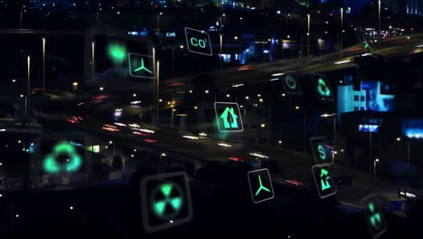 Animation-of-multiple-icon-in-squares-over-time-lapse-of-moving-vehicles-on-bridge-of-city
