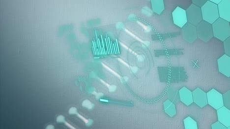 Animation-Der-DNA-Helix,-Ladekreise,-Balken,-Diagramm-Und-Sechseckmuster-Auf-Abstraktem-Hintergrund