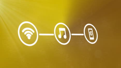 Animation-of-wifi-with-music-and-phone-icons-forming-flowchart-on-yellow-background