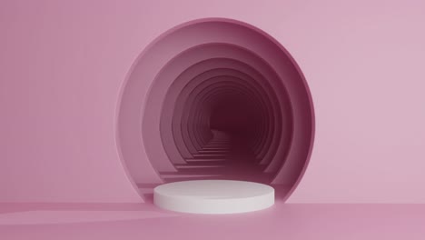 Animation-Eines-Rosafarbenen-Korridors-Mit-Weißer-Kreisstufe-Und-Kopierraum-Auf-Rosafarbenem-Hintergrund