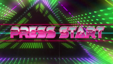 Animation-of-press-start-text-banner-against-neon-abstract-shapes-in-seamless-pattern