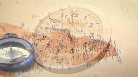Animation-of-time-lapse-of-moving-clock-and-overhead-view-of-compass-on-map