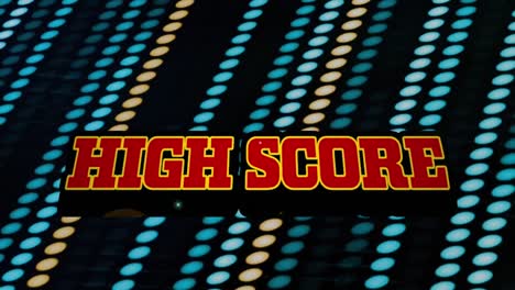 Animation-of-high-score-text-banner-over-neon-dots-pattern-against-black-background