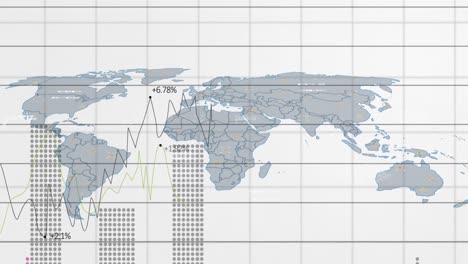 Animation-of-statistical-data-processing-over-world-map-against-white-background