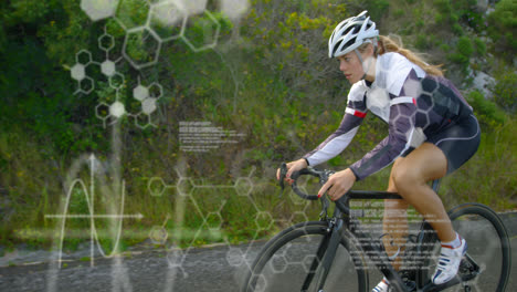 Animation-of-computer-language,-molecule-structures,-female-caucasian-cyclist-riding-bicycle-on-road