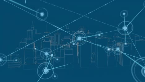 Animation-of-illuminated-connected-dots-and-3d-model-of-cityscape-over-blue-background