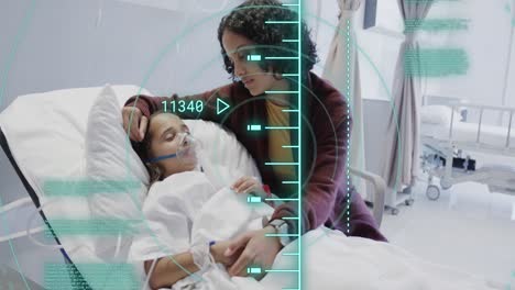 Animation-of-data-processing-over-biracial-girl-patient-with-mum-in-hospital-bed