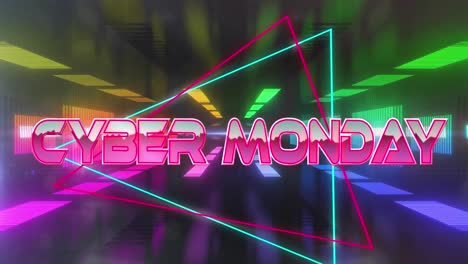 Animation-of-cyber-monday-text-on-triangles-over-futuristic-tunnel-against-black-background