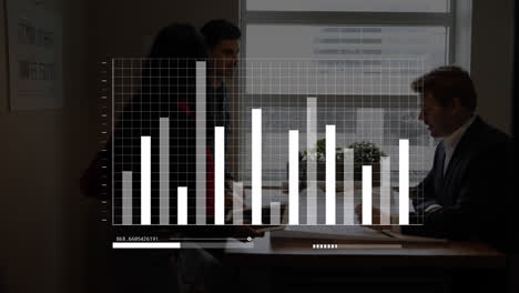 Animation-of-bar-graphs-on-grid-pattern-over-diverse-coworkers-sharing-ideas-in-office