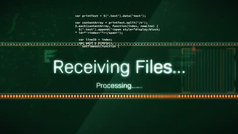 Animation-of-receiving-files-and-processing-files-text,-loading-bars-over-computer-language