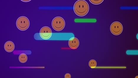 Animation-Lächelnder-Emoticons-über-Sich-Bewegenden-Mehrfarbigen-Balken-Vor-Blauem-Hintergrund