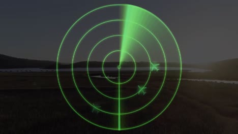Animation-of-airplane-in-circular-radar-over-aerial-view-of-green-landscape-with-lake-and-mountain