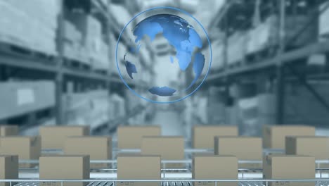 Animation-of-rotating-globe-in-circle,-boxes-moving-on-conveyor-belt-over-warehouse