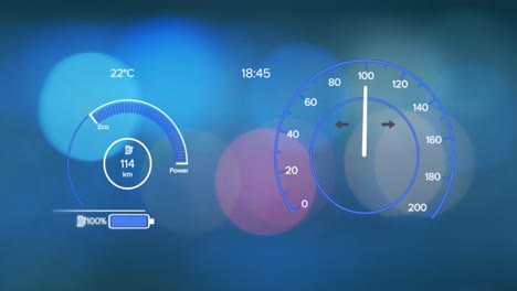Animation-of-changing-numbers,-battery-icon-in-speedometers-over-blurred-vehicle-lights