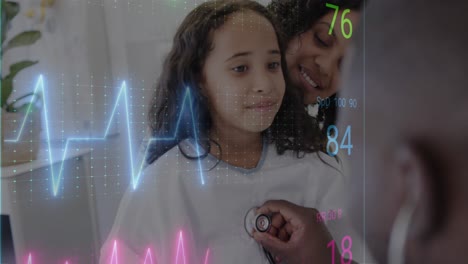 Animation-of-data-processing-over-african-american-male-doctor-with-girl-patient