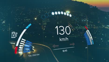 Animation-of-changing-numbers-in-speedometer-time-lapse-of-moving-vehicles-and-silhouette-of-city