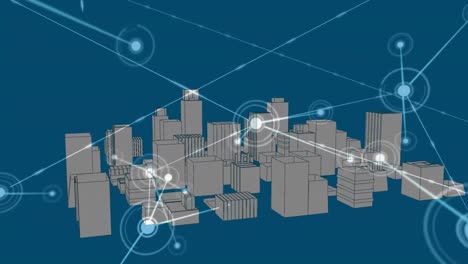 Animation-of-connected-dots-over-3d-rotating-model-of-cityscape-against-blue-background