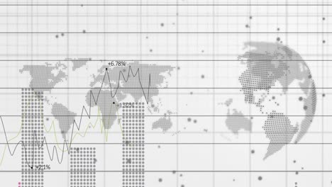 Animation-of-statistical-data-processing-over-world-map-and-spinning-globe-against-white-background