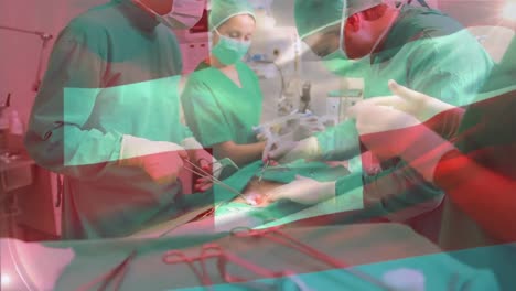 Animation-of-flag-of-switzerland-over-diverse-doctors-performin-surgery-on-patient-in-hospital