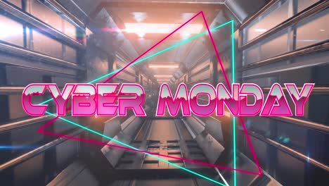 Animation-of-cyber-monday-text-on-triangles-over-looping-futuristic-tunnel-in-background