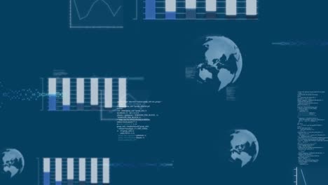 Animation-Mehrerer-Grafiken,-Globus-Und-Computersprache-Auf-Blauem-Hintergrund