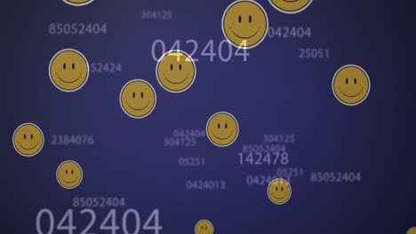 Animation-of-changing-numbers-and-smiling-emoticons-over-blue-background