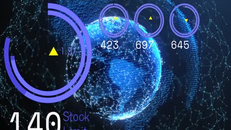 Animation-of-loading-circles,-changing-numbers-with-connected-dots-around-globe-on-black-background